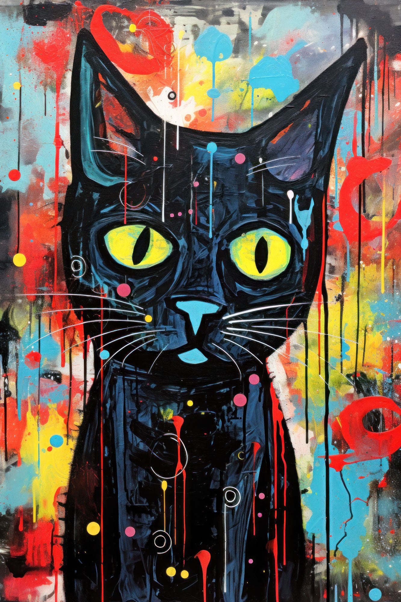 Schwarze Katze im bunten Pop-Art / Street-Art Look als Kunstdruck auf Leinwand, Alu-Dibond, Acrylglas.