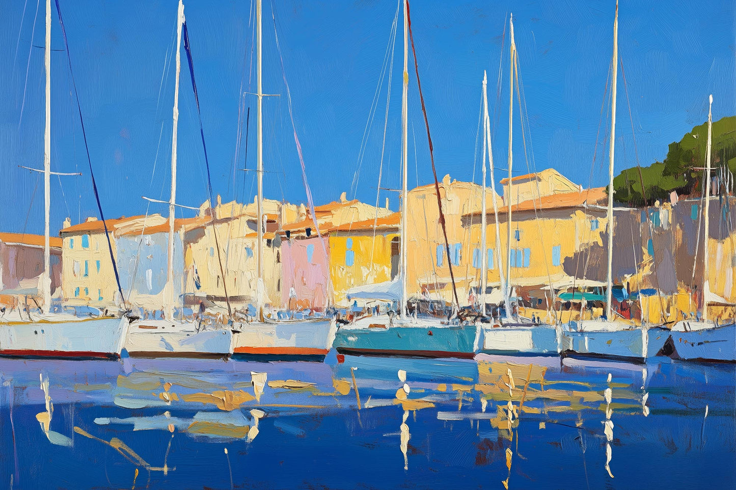 Maritimes Hafen-Motiv mit Segelbooten im Stil eines modernen Gemäldes als hochwertiger Kunstdruck auf Leinwand, Alu-Dibond oder hinter Acrylglas online kaufen.