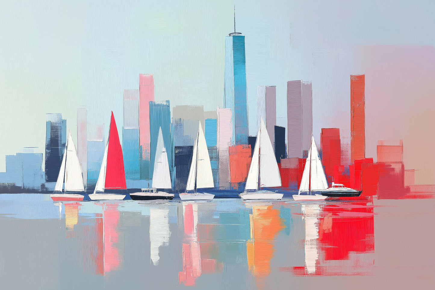 Segelboote vor einer abstrakten Manhattan Skyline. New York Wandbild als Kunstdruck auf Leinwand, Alu-Dibond oder hinter Acrylgas. 