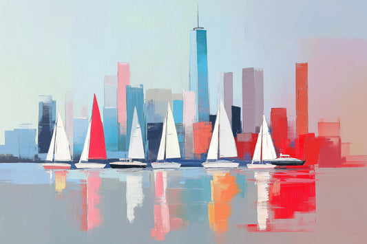 Segelboote vor einer abstrakten Manhattan Skyline. New York Wandbild als Kunstdruck auf Leinwand, Alu-Dibond oder hinter Acrylgas. 