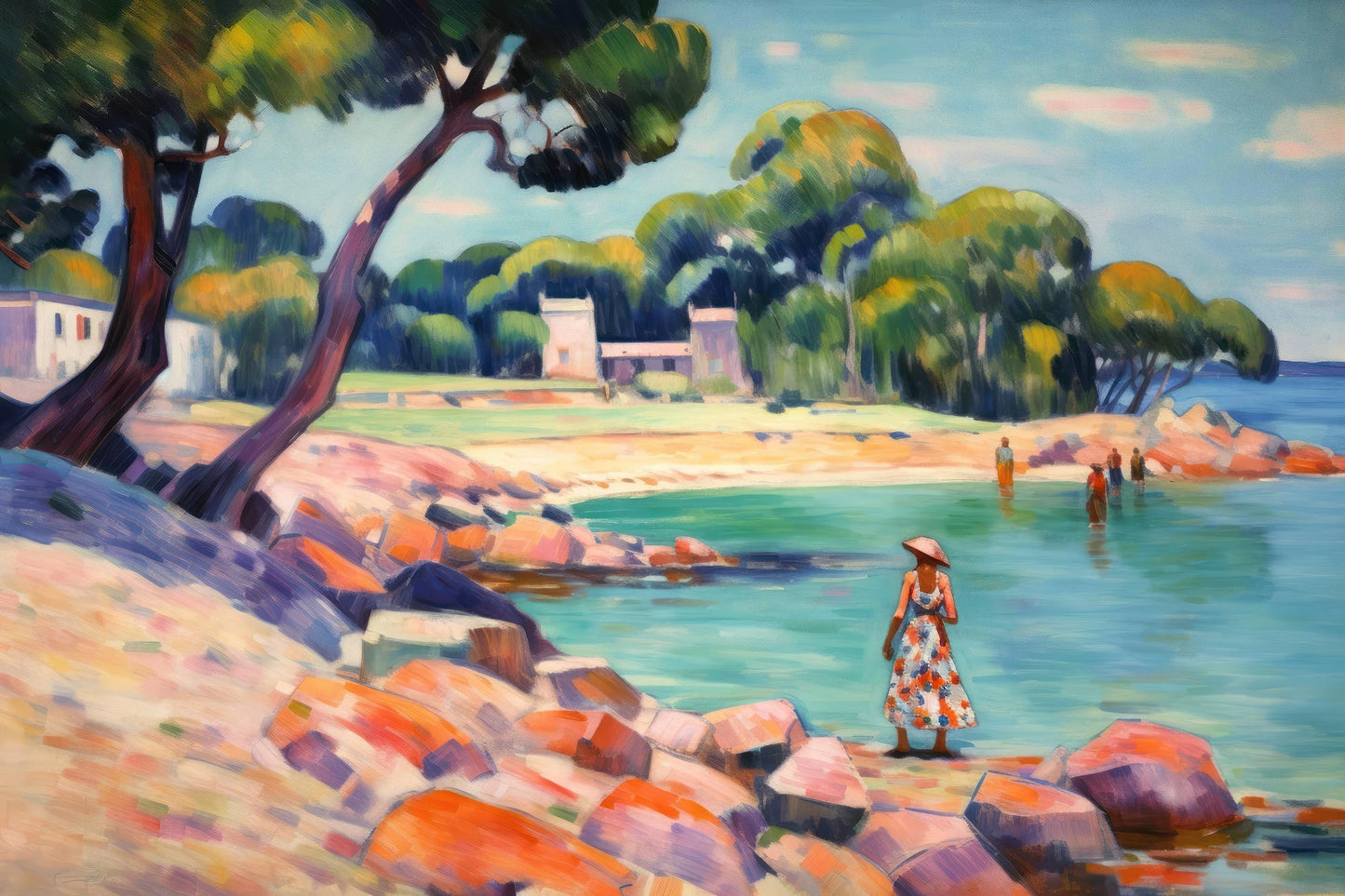 Impressionistisches Gemälde-Motiv einer mediterranen Küste im Stil von Paul Cézanne als Kunstdruck auf Leinwand, Alu-Dibond oder hinter Acrylglas.