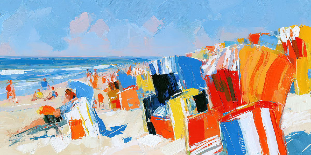 Modernes Gemälde von bunten Strandkörben an der Nordsee. Jetzt bestellen als Wandbild auf Leinwand, Alu-Dibond, hinter Acrylglas oder als Poster. Versandkostenfreie Lieferung innerhalb Deutschlands.