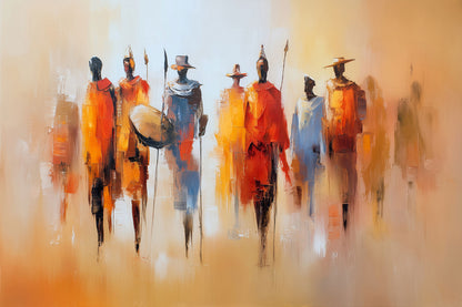 Abstraktes Gemälde afrikanischer Krieger als hochwertiger Kunstdruck, erhältlich als Wandbild auf Leinwand, Alu-Dibond, hinter Acrylglas oder als Poster.