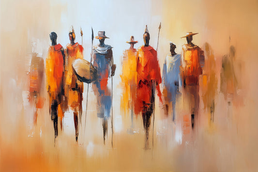 Abstraktes Gemälde afrikanischer Krieger als hochwertiger Kunstdruck, erhältlich als Wandbild auf Leinwand, Alu-Dibond, hinter Acrylglas oder als Poster.