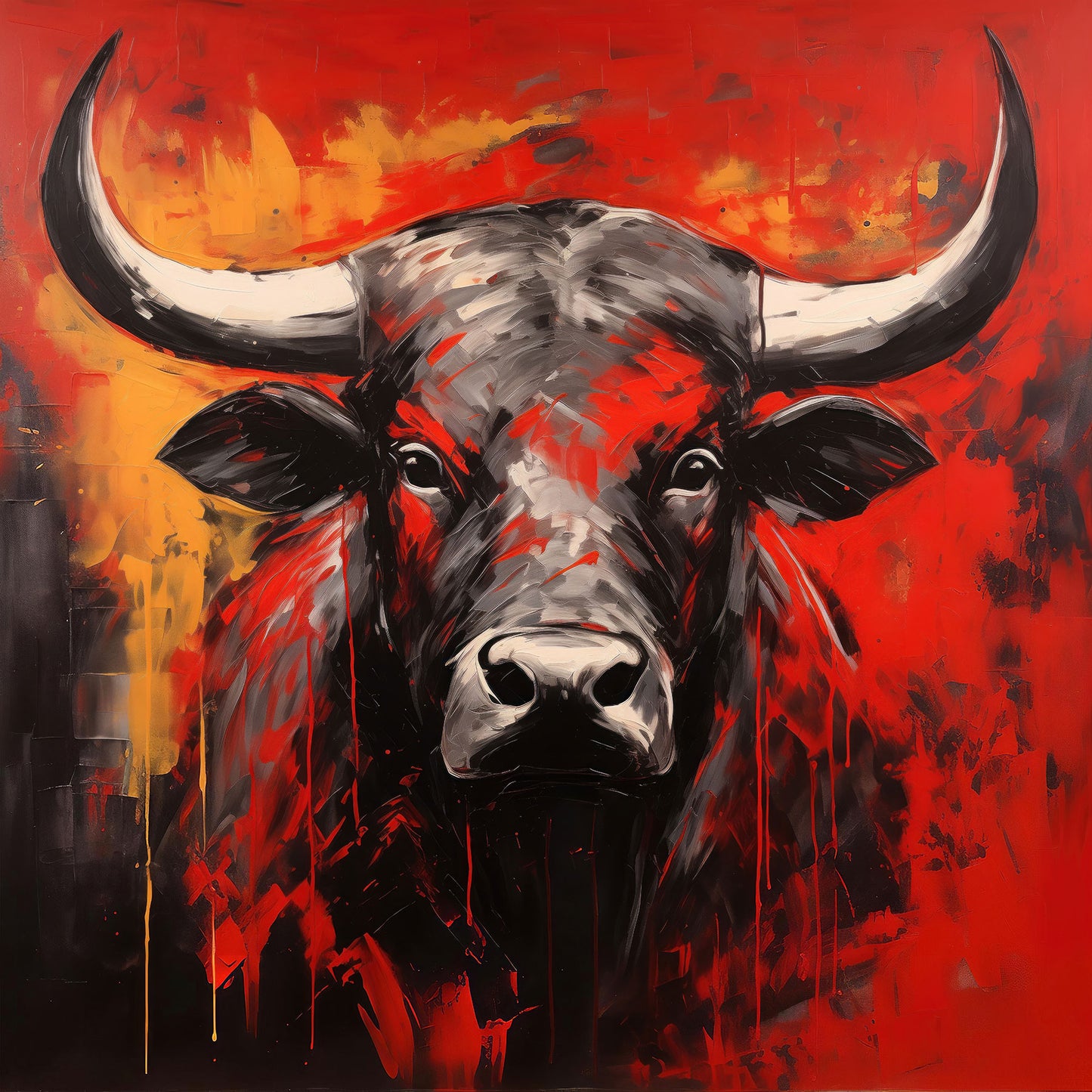 Expressives Stier Gemälde in Rot und Schwarz als hochwertiger Kunstdruck. Jetzt als modernes Wandbild auf Leinwand, hinter Acrylglas oder auf Alu-Dibond online kaufen.