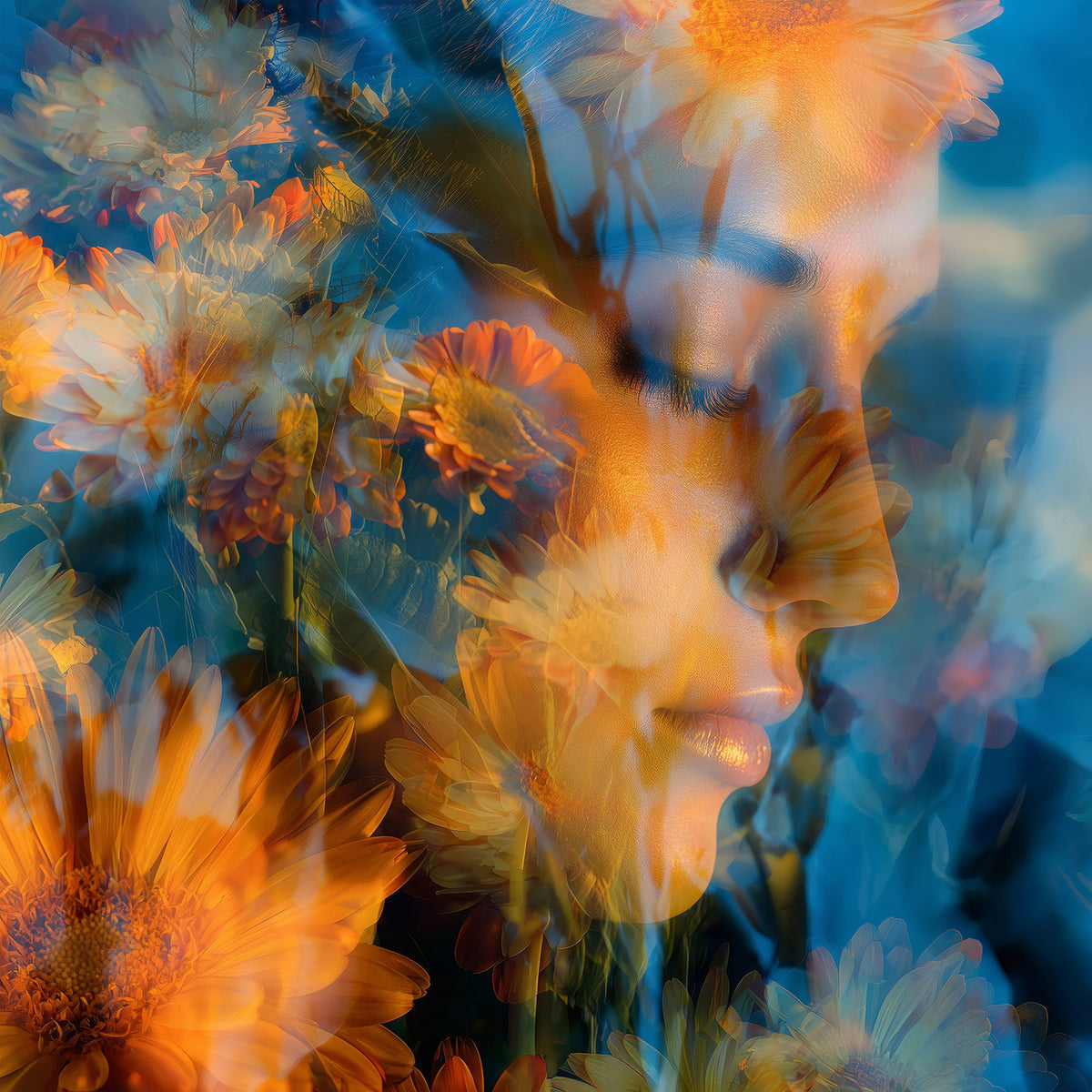 Ein weibliches Gesicht und sommerliche Blüten in warmen Farben im Stil einer modernen Fotocollage - als hochwertiger Kunstdruck auf Leinwand, Alu-Dibond, hinter Acrylglas oder als Poster.
