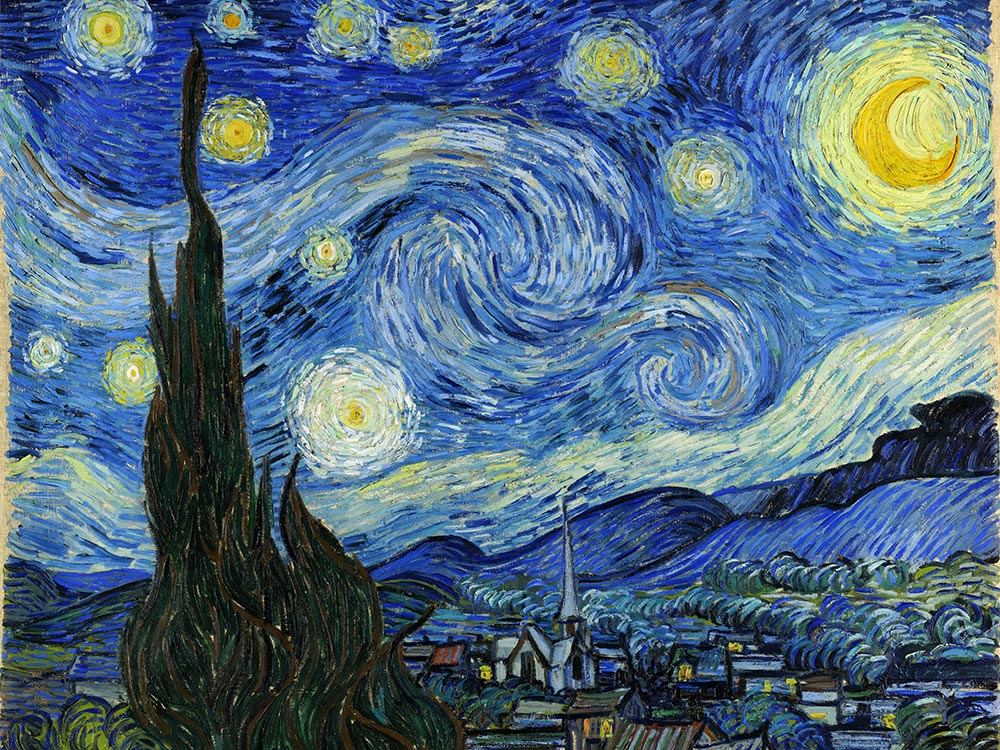 Vincent van Gogh „Sternennacht“ (The Starry Night) als hochwertiger Kunstdruck auf Leinwand, Alu-Dibond oder hinter Acrylglas online kaufen.