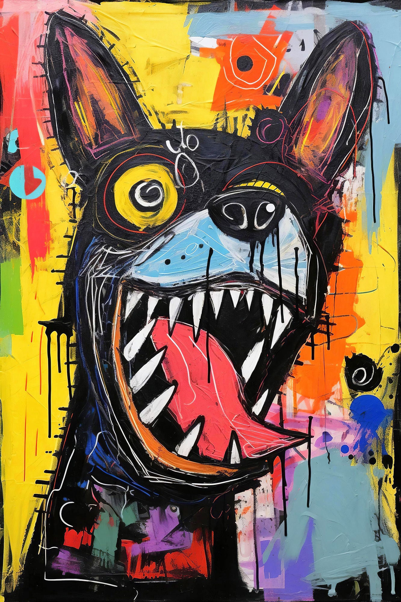 Wildes Hunde-Portrait im rebellischen Street-Art-Look. Entdecke dieses ausdrucksstarke, neoexpressionistische Kunstwerk als hochwertigen Kunstdruck!