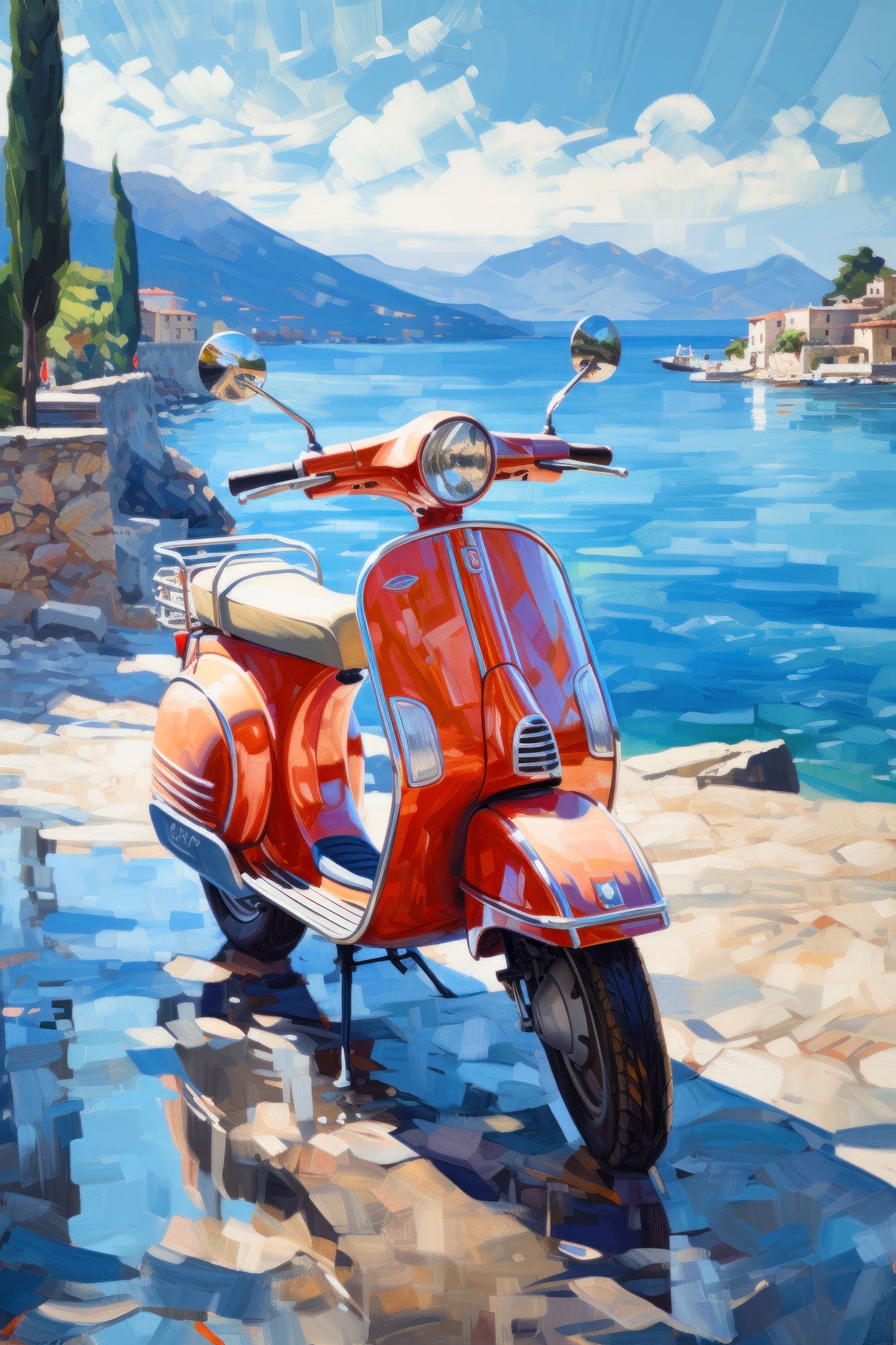 Modernes Gemälde eines klassischen orange-roten Motorrollers im Stil einer Vespa an der Uferpromenade des Comer Sees als Wandbild oder Poster kaufen.