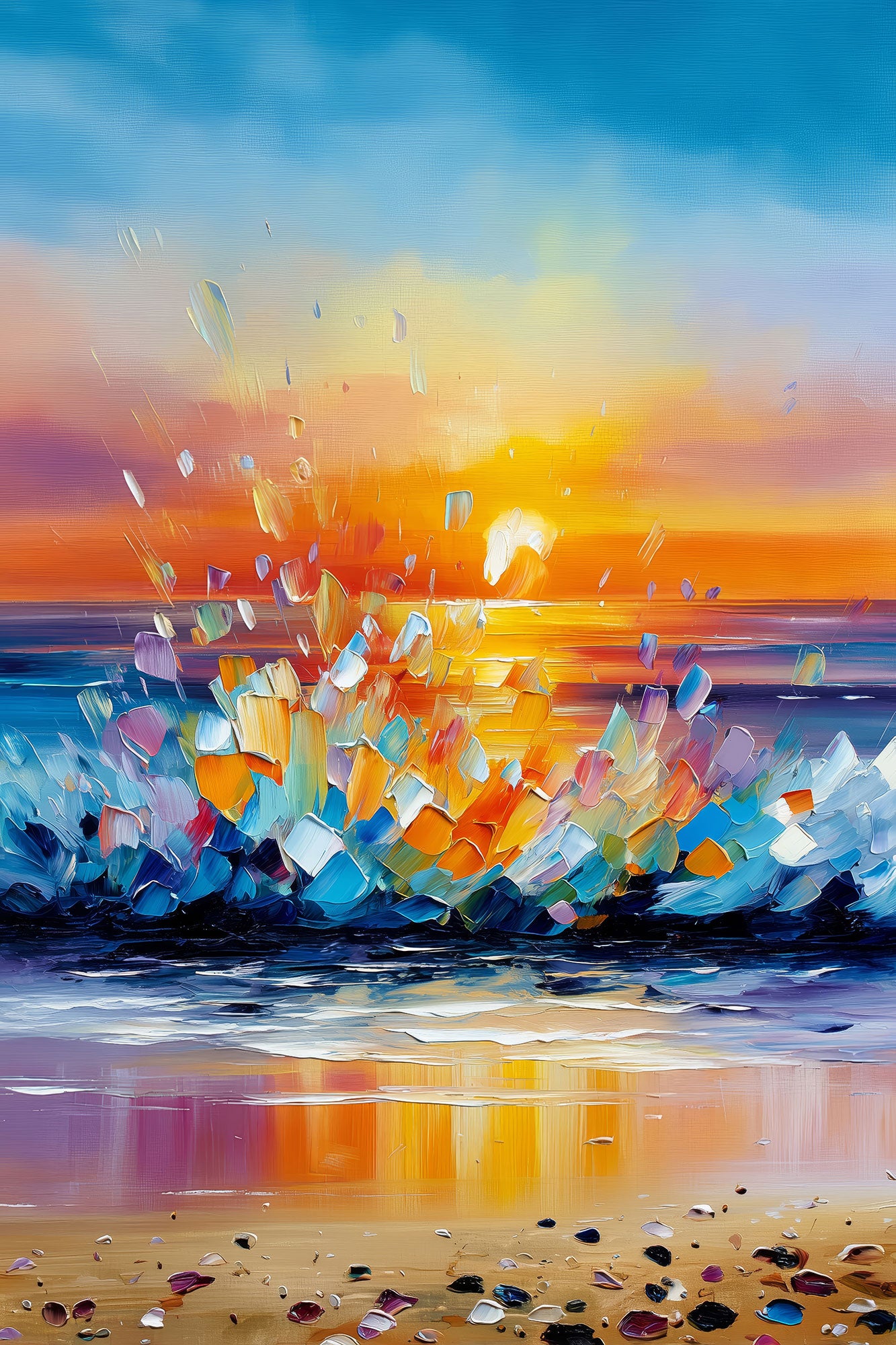 Abstraktes maritimes Sonnenuntergangs-Motiv mit dynamischer Welle im Stil eines modernen Gemäldes als hochwertiger Kunstdruck auf Leinwand, Alu-Dibond oder hinter Acrylglas online kaufen.