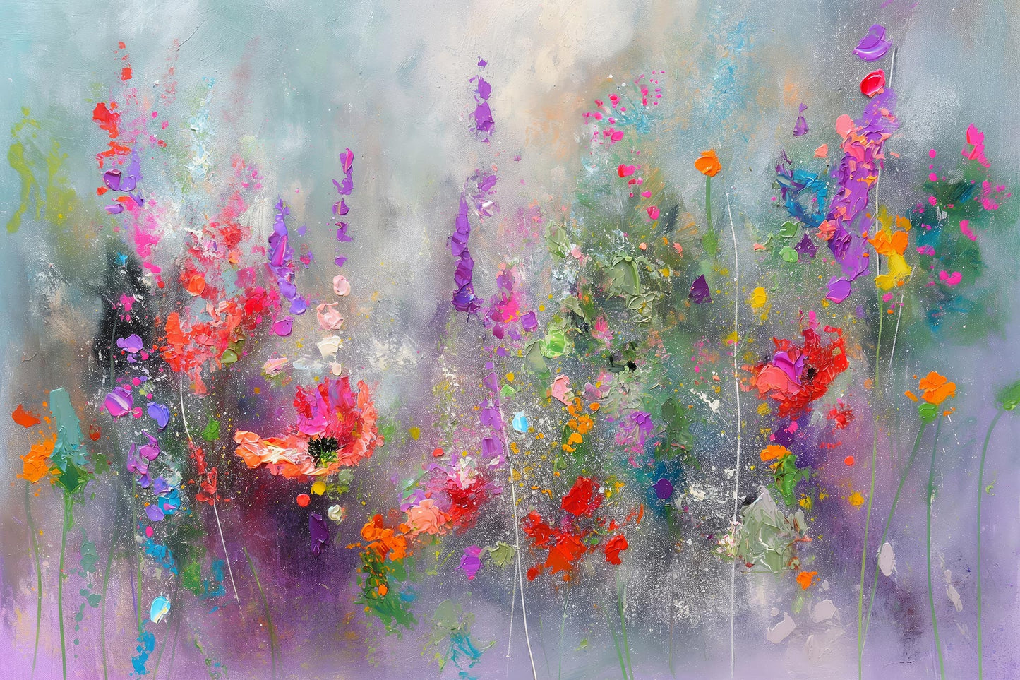 Modernes abstraktes Wildblumen-Gemälde als hochwertiger Kunstdruck auf Leinwand, hinter Acrylglas, Alu-Dibond oder als Poster kaufen.