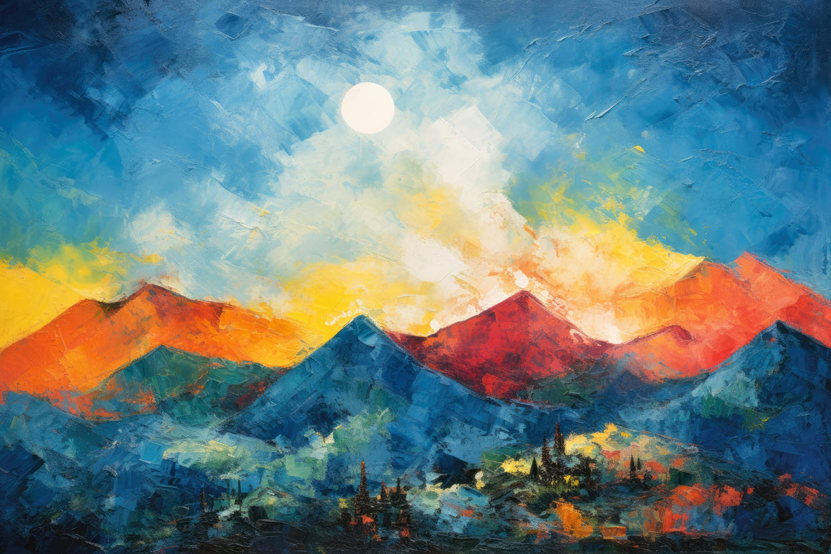 Moderne Berglandschaft im Gemäldestil als hochwertiger Kunstdruck auf Leinwand, Alu-Dibond, hinter Acrylglas oder als Poster.