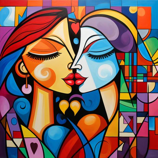 Modernes farbenfrohes Pop Art Motiv zweier sich küssender Frauen.  Hochwertiger Kunstdruck auf Leinwand, Alu-Dibond oder hinter Acrylglas. 