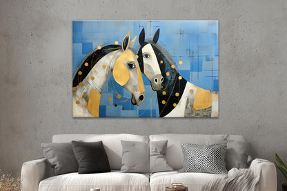 Zwei Pferde in Blau und Gold