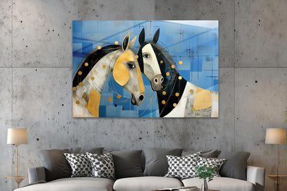 Zwei Pferde in Blau und Gold