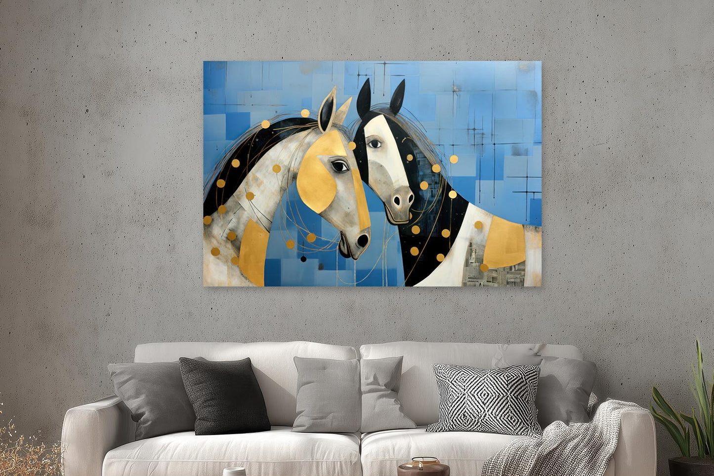 Zwei Pferde in Blau und Gold