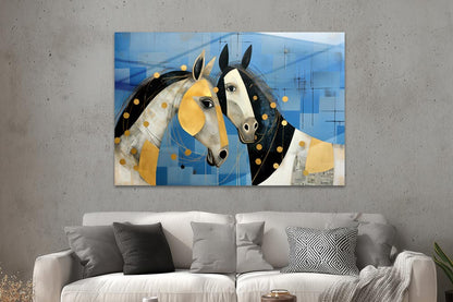 Zwei Pferde in Blau und Gold