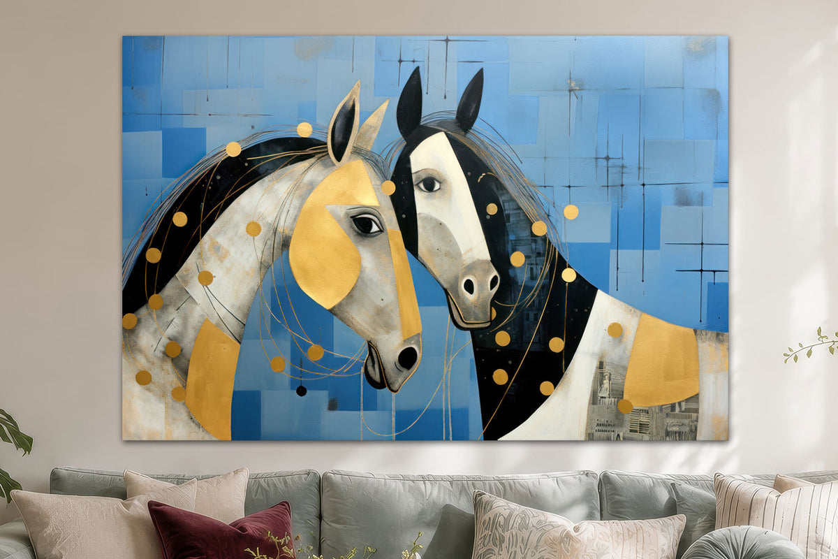 Zwei Pferde in Blau und Gold