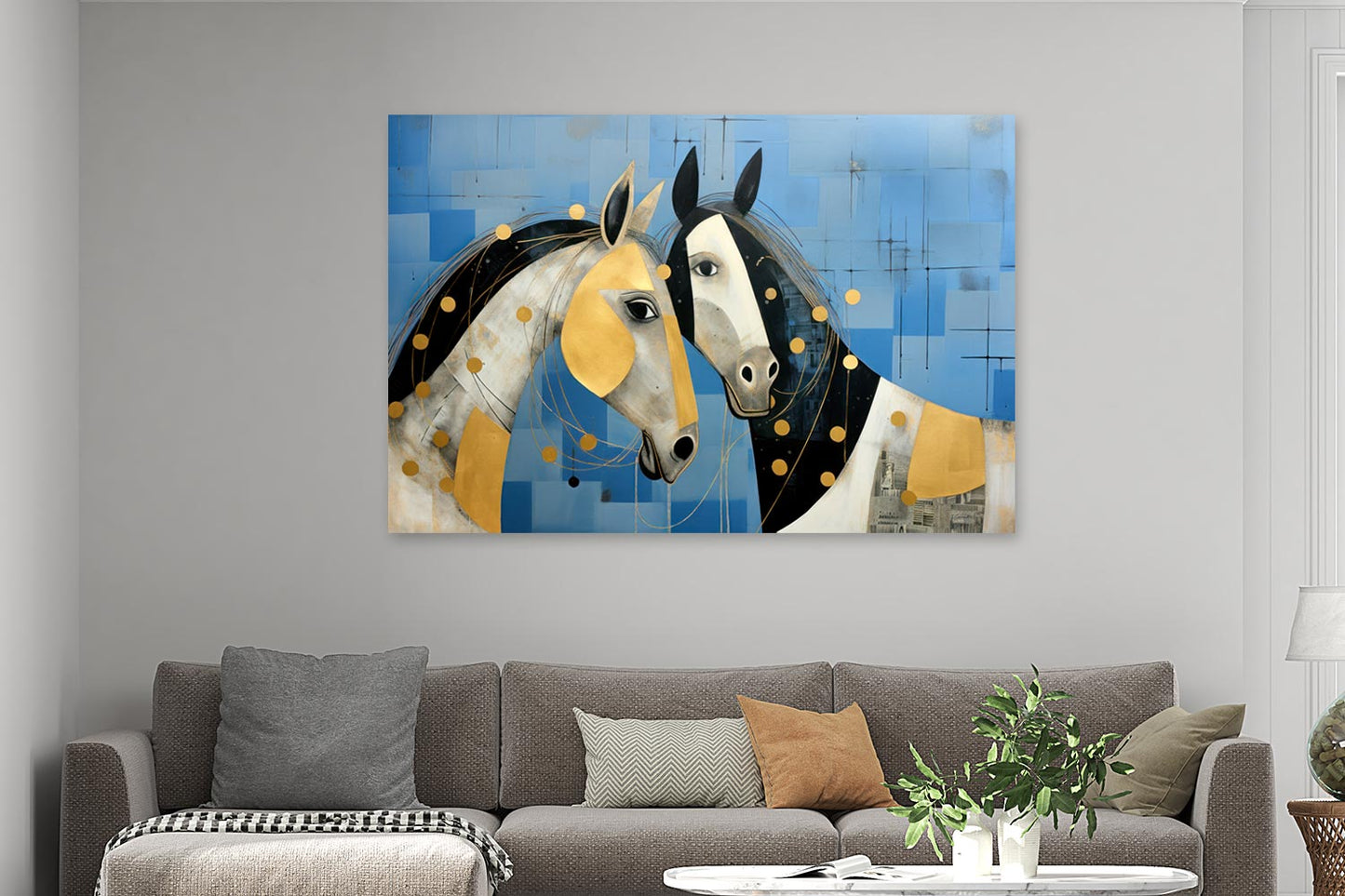 Zwei Pferde in Blau und Gold