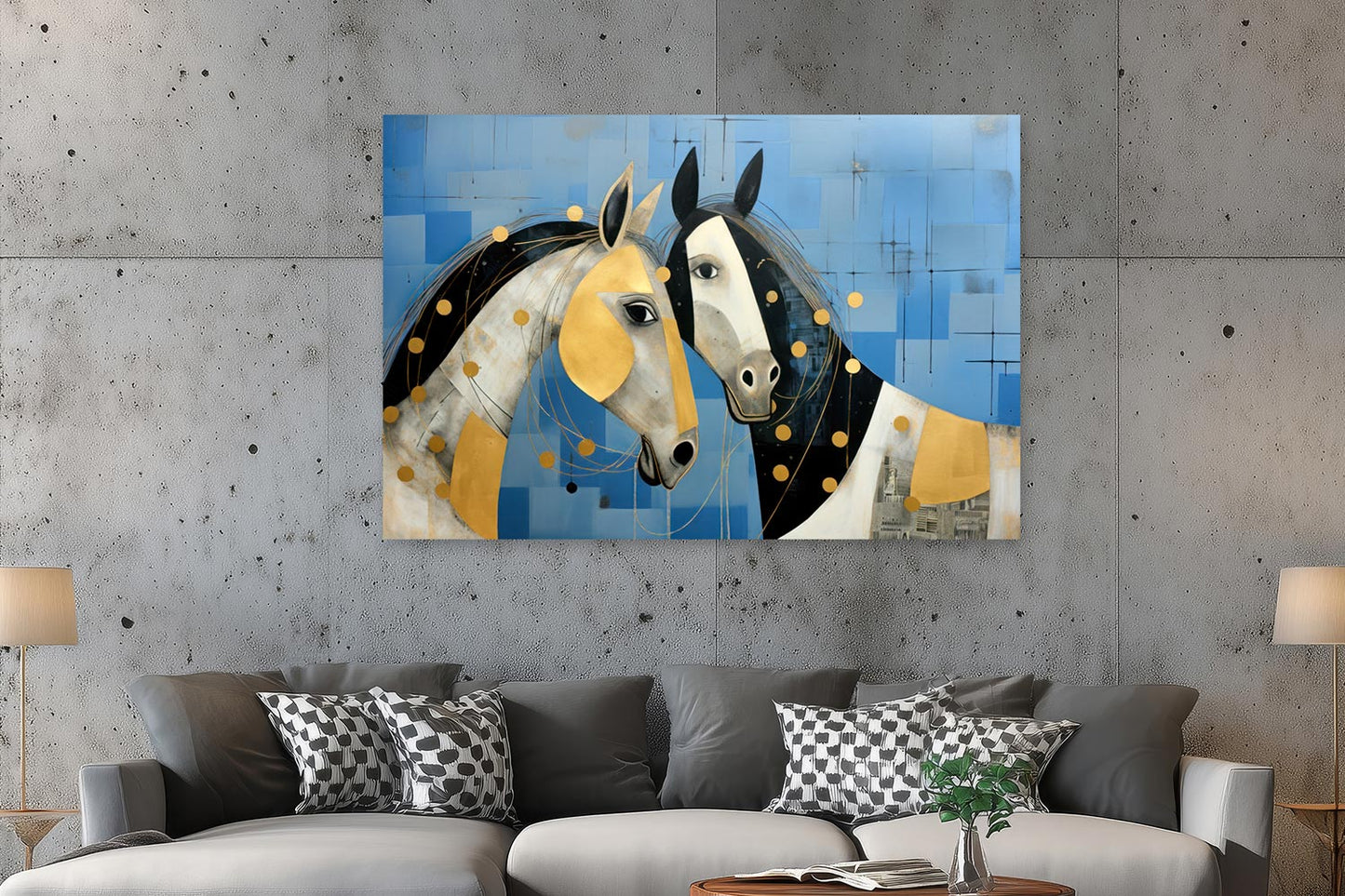 Zwei Pferde in Blau und Gold