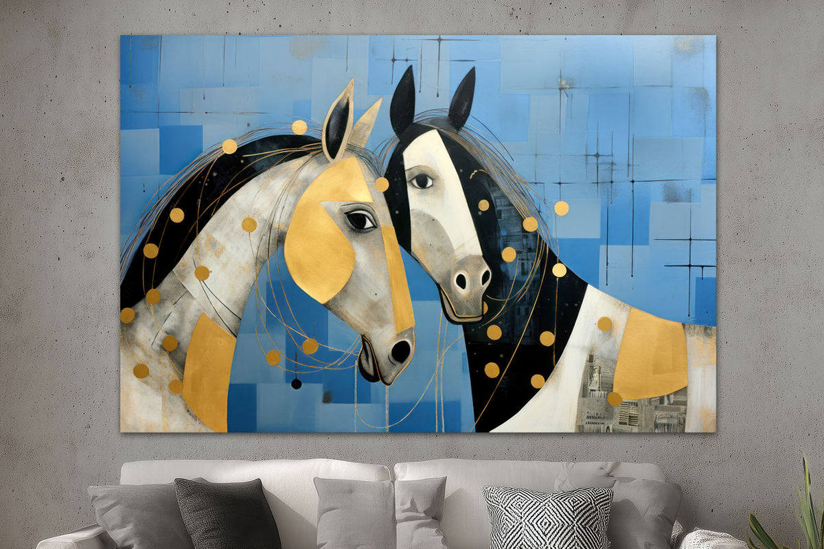 Zwei Pferde in Blau und Gold