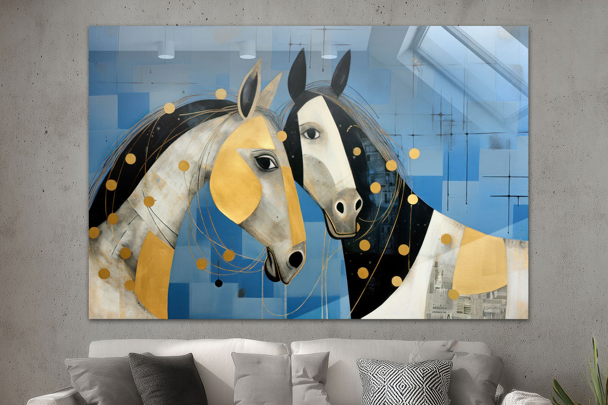 Zwei Pferde in Blau und Gold