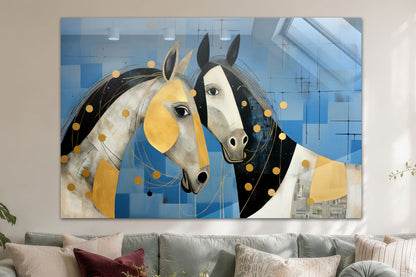Zwei Pferde in Blau und Gold