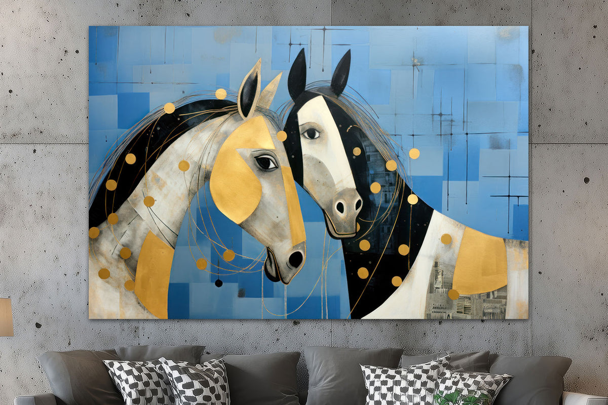 Zwei Pferde in Blau und Gold