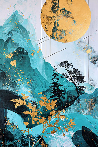 Türkise Berglandschaft mit goldener Sonne Gemälde Kunstdruck auf Leinwand, Acrylglas oder als Poster