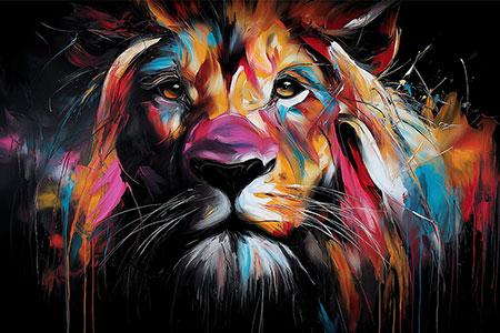 Bunter Löwe auf schwarzem Hintergrund Gemälde Kunstdruck auf Leinwand, Acrylglas oder als Poster
