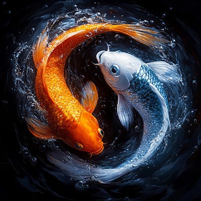 Zwei Fische im fließenden Yin-Yang-Kreis – spiritueller Leinwanddruck mit Symbolkraft, Dynamik und innerer Balance.